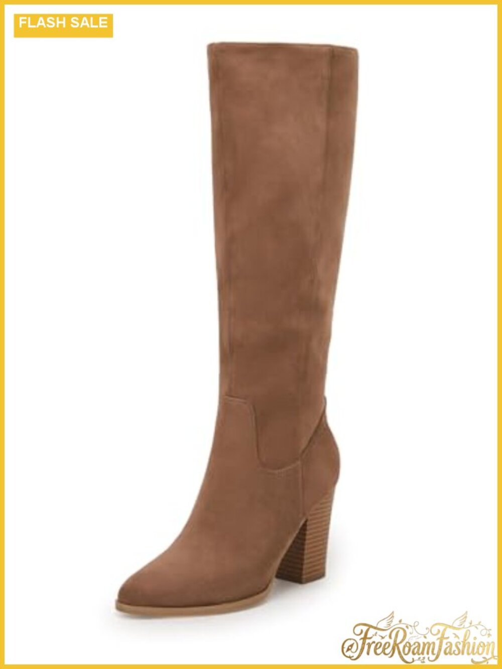 Faux Suede Knee High Boots Pointed Toe Chunky Block Heel Side Zip Winter